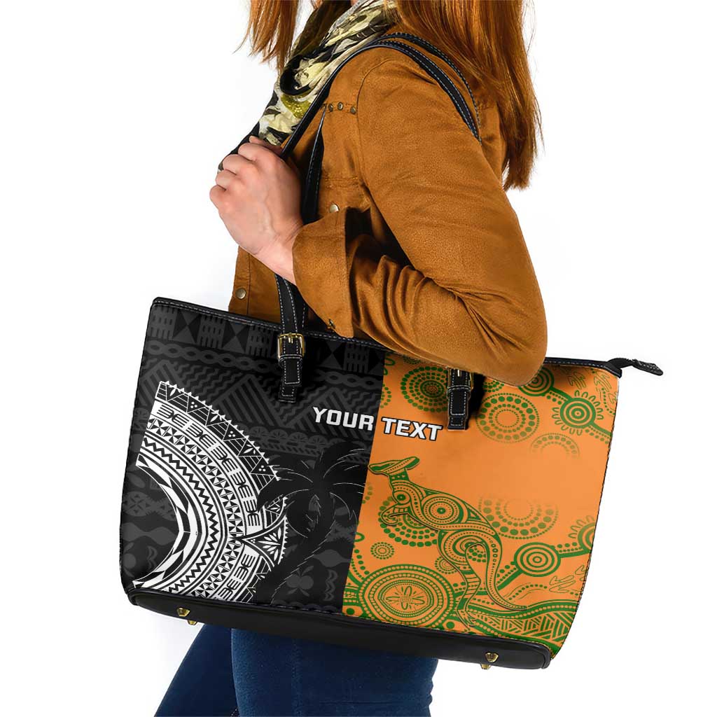 Custom Fiji And Australia Rugby Leather Tote Bag Fijian Tapa Pattern With Aussie Aboriginal Art