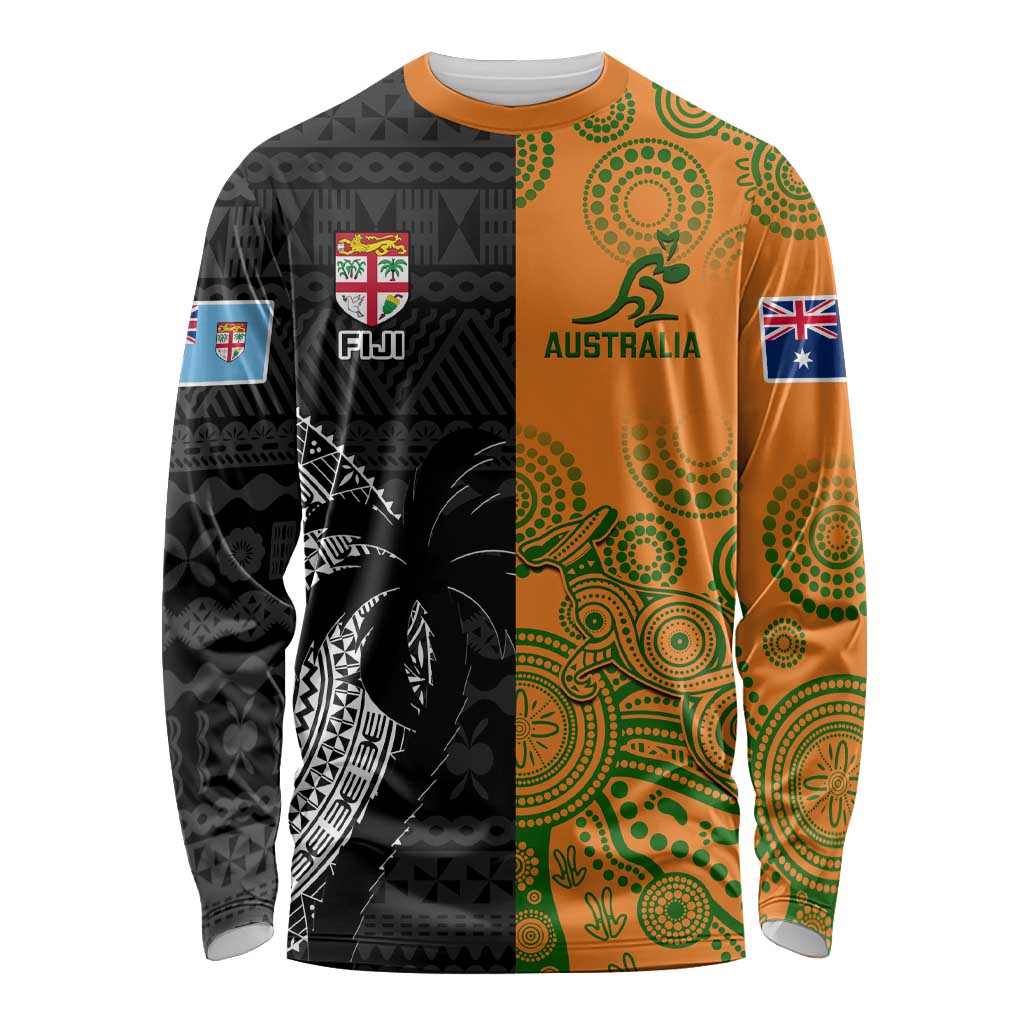 Custom Fiji And Australia Rugby Long Sleeve Shirt Fijian Tapa Pattern With Aussie Aboriginal Art