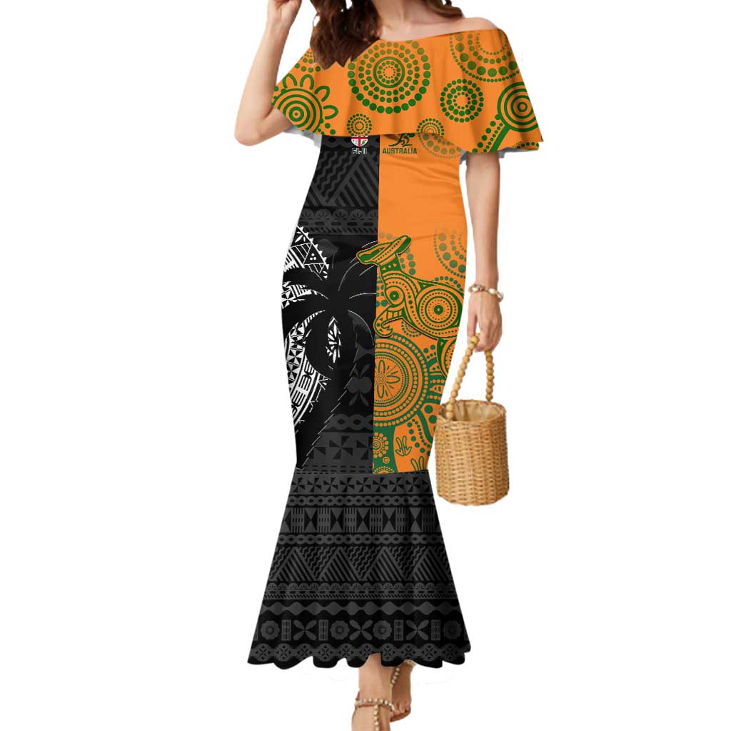 Custom Fiji And Australia Rugby Mermaid Dress Fijian Tapa Pattern With Aussie Aboriginal Art