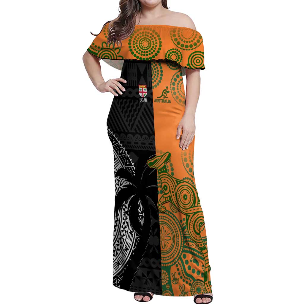 Custom Fiji And Australia Rugby Off Shoulder Maxi Dress Fijian Tapa Pattern With Aussie Aboriginal Art