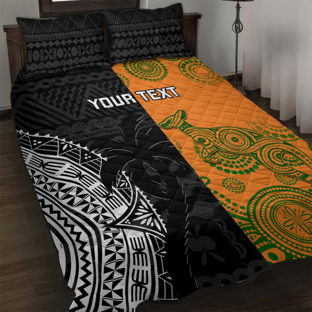 Custom Fiji And Australia Rugby Quilt Bed Set Fijian Tapa Pattern With Aussie Aboriginal Art