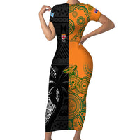 Custom Fiji And Australia Rugby Short Sleeve Bodycon Dress Fijian Tapa Pattern With Aussie Aboriginal Art