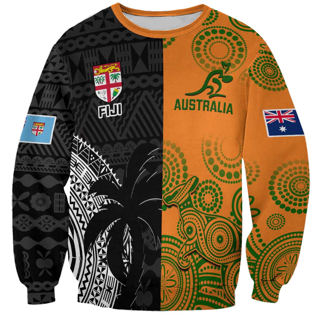 Custom Fiji And Australia Rugby Sweatshirt Fijian Tapa Pattern With Aussie Aboriginal Art