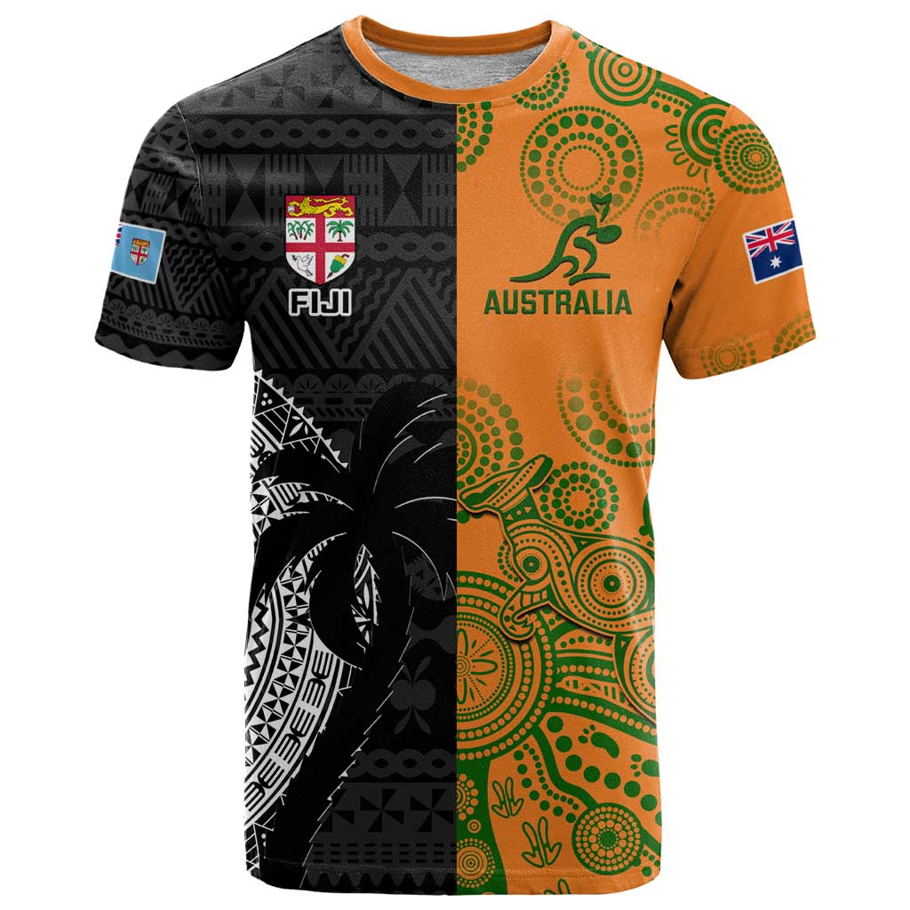 Custom Fiji And Australia Rugby T Shirt Fijian Tapa Pattern With Aussie Aboriginal Art