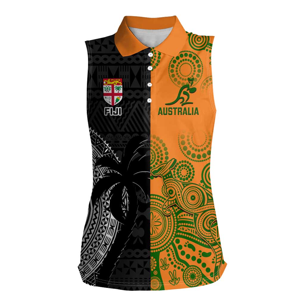 Custom Fiji And Australia Rugby Women Sleeveless Polo Shirt Fijian Tapa Pattern With Aussie Aboriginal Art