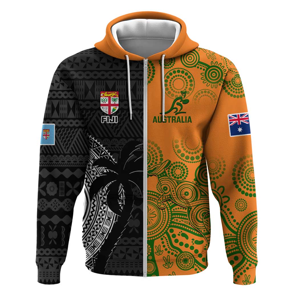 Custom Fiji And Australia Rugby Zip Hoodie Fijian Tapa Pattern With Aussie Aboriginal Art