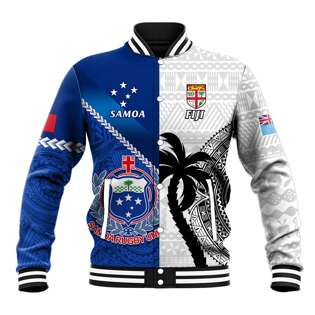 Fiji And Samoa Rugby Baseball Jacket 2023 World Cup Samoan Mix Tapa Pattern LT14 Unisex Blue - Polynesian Pride