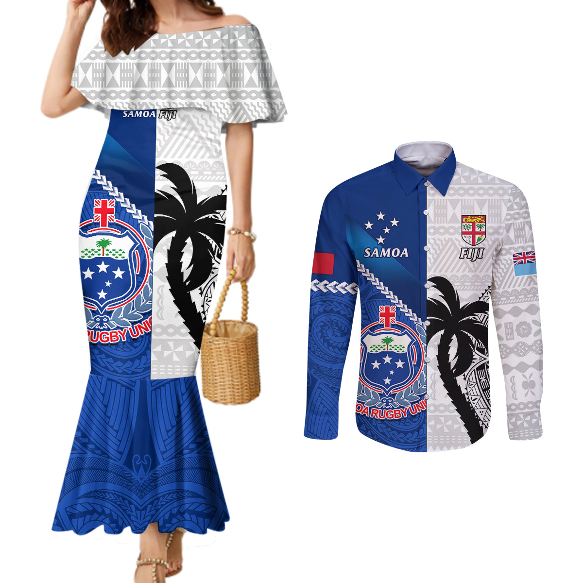 fiji-and-samoa-rugby-couples-matching-mermaid-dress-and-long-sleeve-button-shirts-2023-world-cup-samoan-mix-tapa-pattern