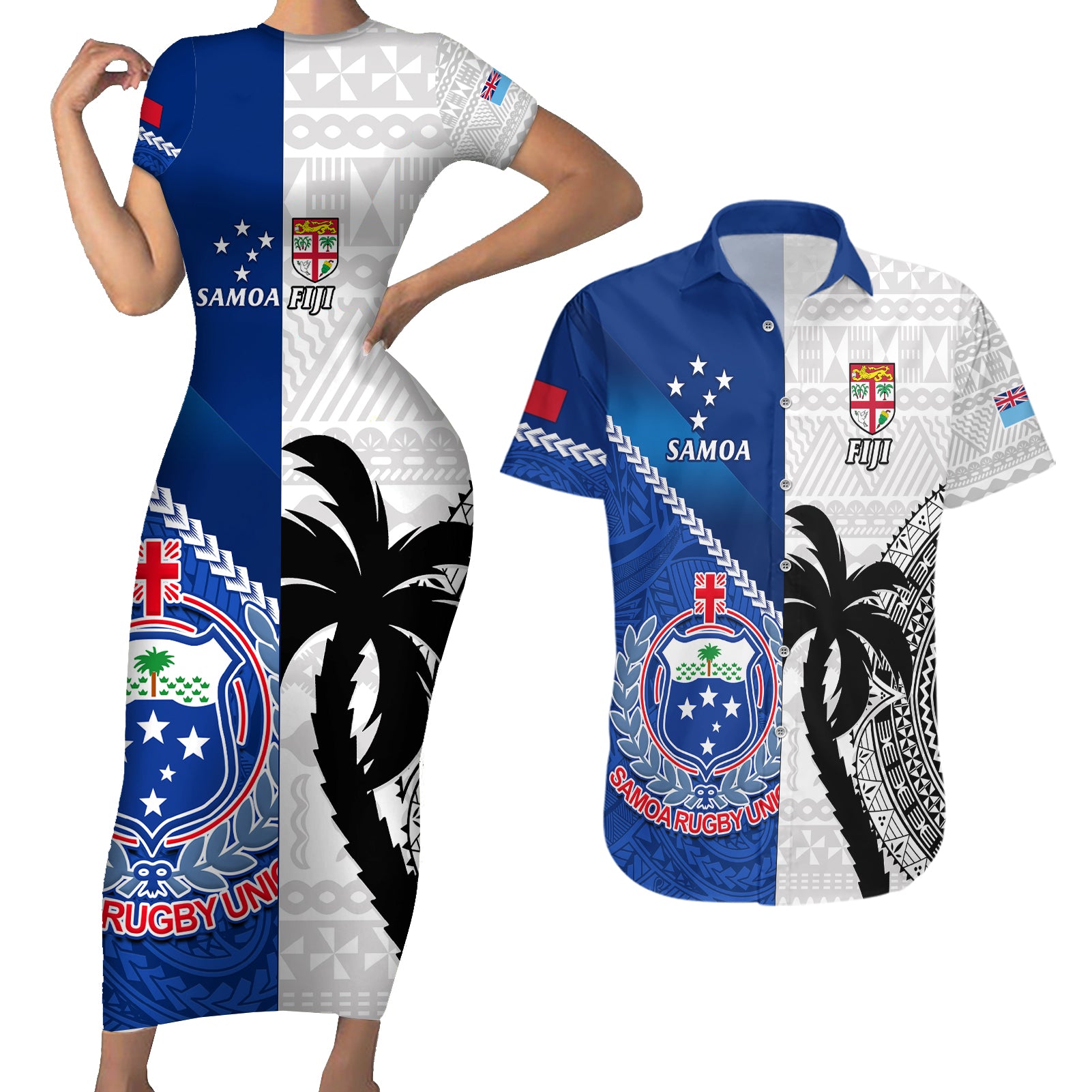 fiji-and-samoa-rugby-couples-matching-short-sleeve-bodycon-dress-and-hawaiian-shirt-2023-world-cup-samoan-mix-tapa-pattern