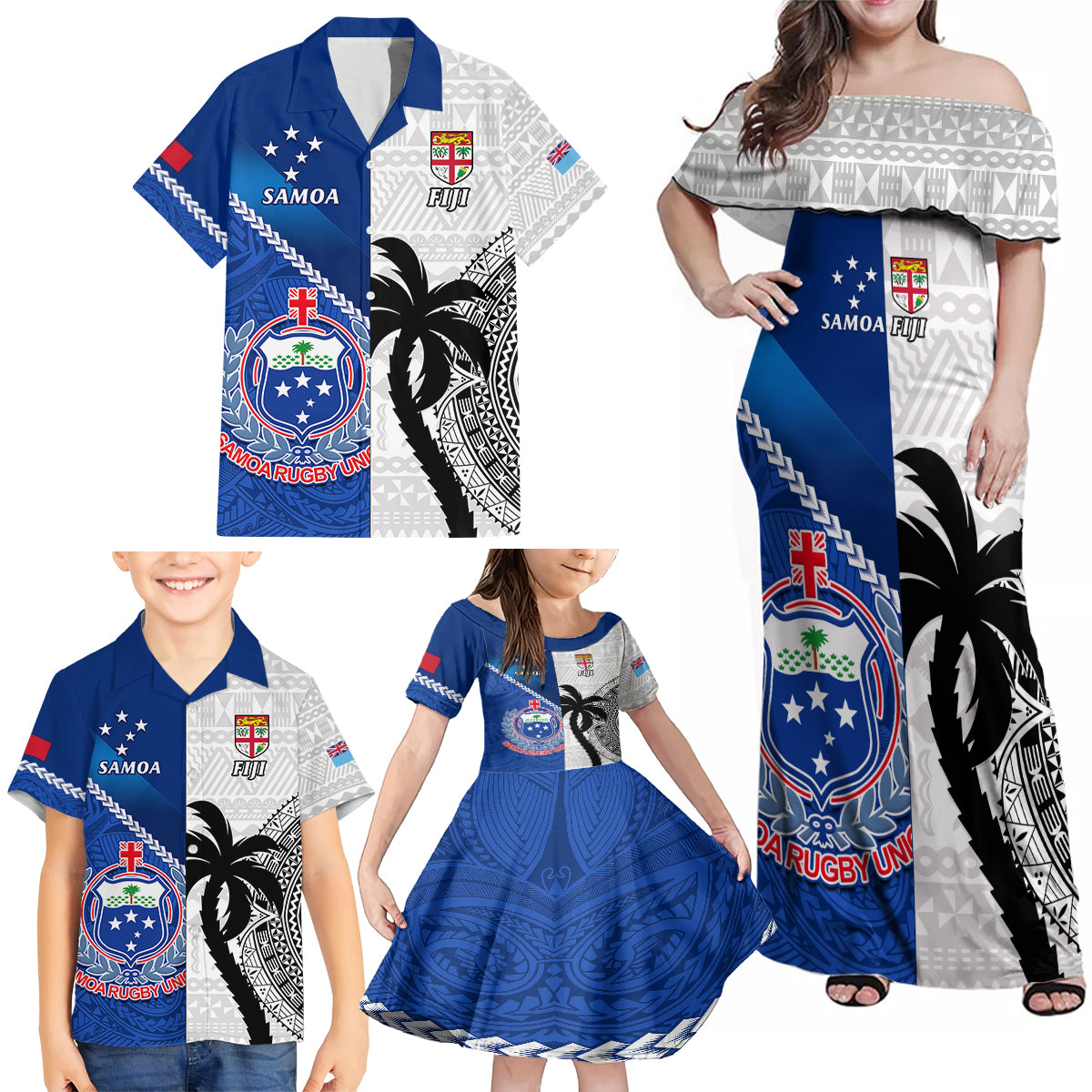 fiji-and-samoa-rugby-family-matching-off-shoulder-maxi-dress-and-hawaiian-shirt-2023-world-cup-samoan-mix-tapa-pattern