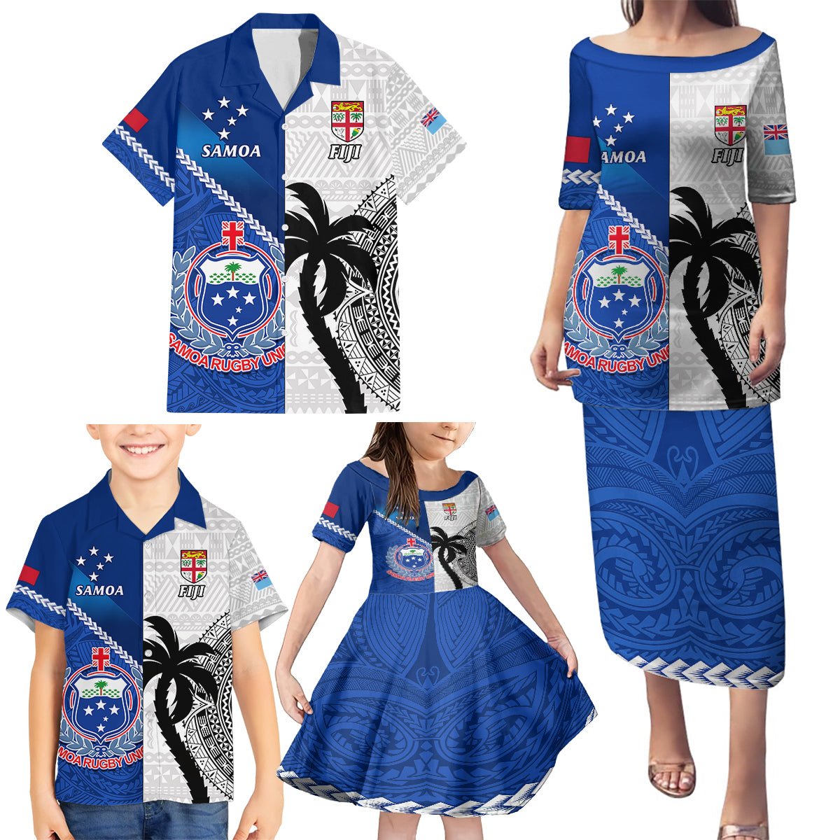 Fiji And Samoa Rugby Family Matching Puletasi Dress and Hawaiian Shirt 2023 World Cup Samoan Mix Tapa Pattern LT14 - Polynesian Pride