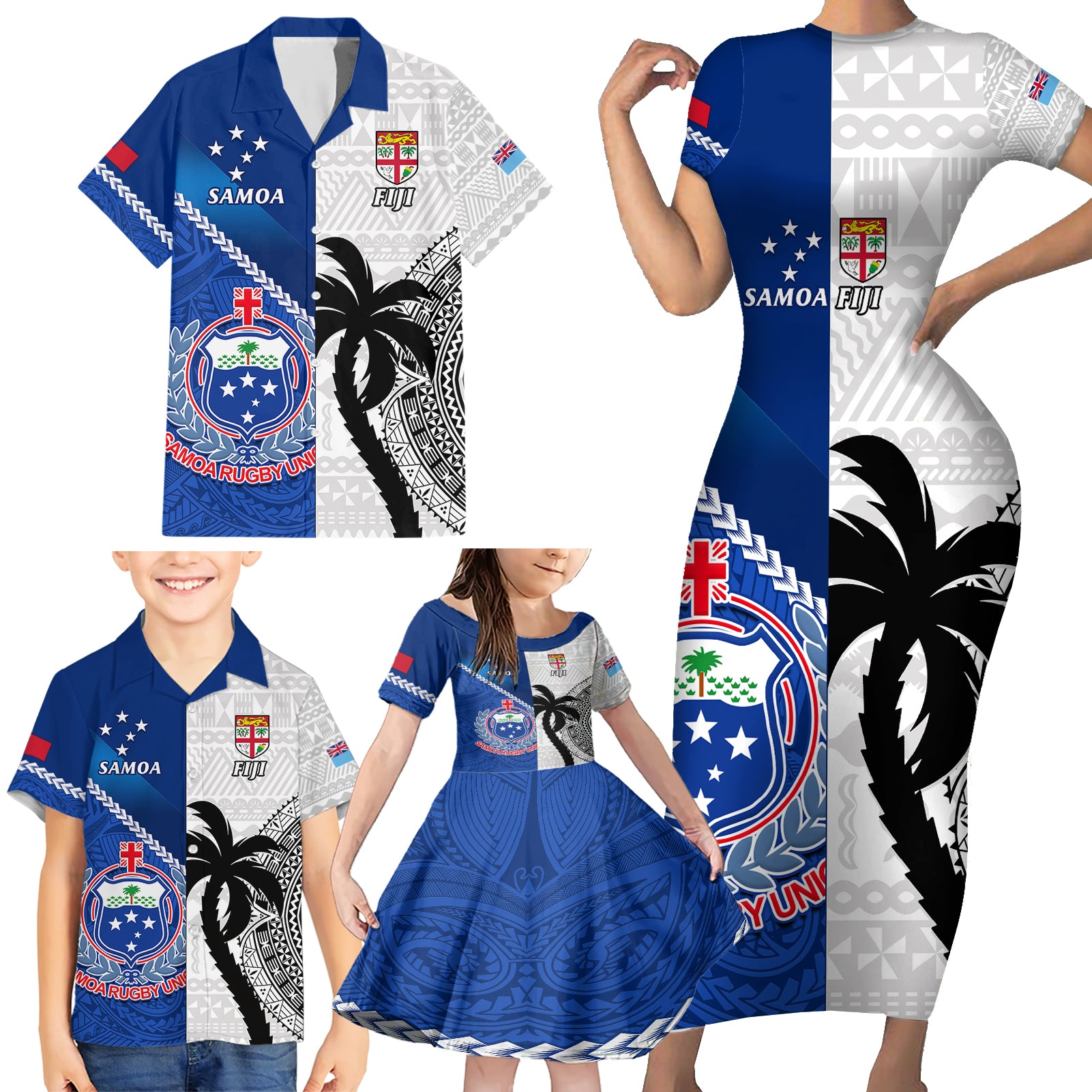 fiji-and-samoa-rugby-family-matching-short-sleeve-bodycon-dress-and-hawaiian-shirt-2023-world-cup-samoan-mix-tapa-pattern