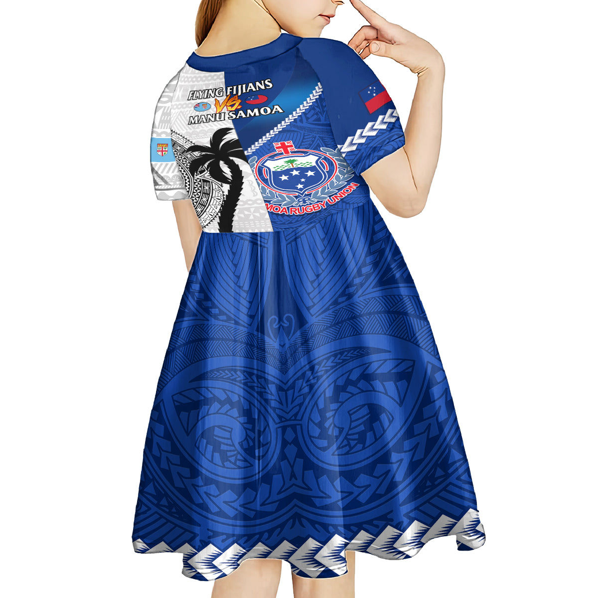 Fiji And Samoa Rugby Kid Short Sleeve Dress 2023 World Cup Samoan Mix Tapa Pattern LT14 - Polynesian Pride