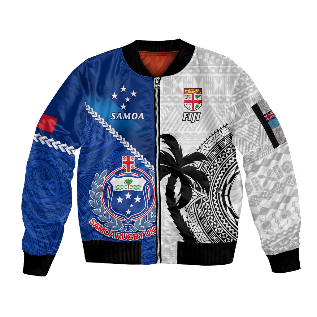 Fiji And Samoa Rugby Sleeve Zip Bomber Jacket 2023 World Cup Samoan Mix Tapa Pattern LT14 Unisex Blue - Polynesian Pride