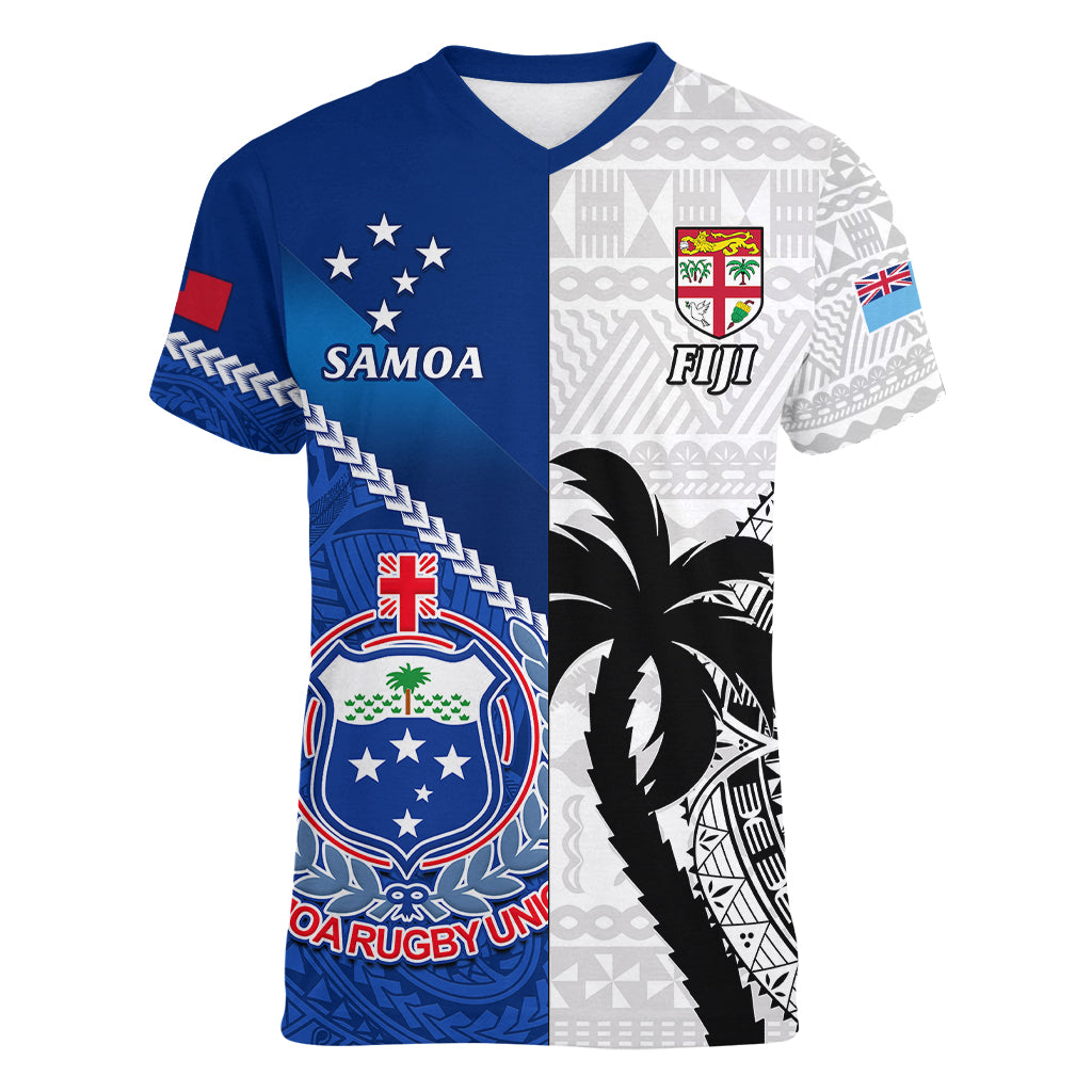 fiji-and-samoa-rugby-women-v-neck-t-shirt-2023-world-cup-samoan-mix-tapa-pattern