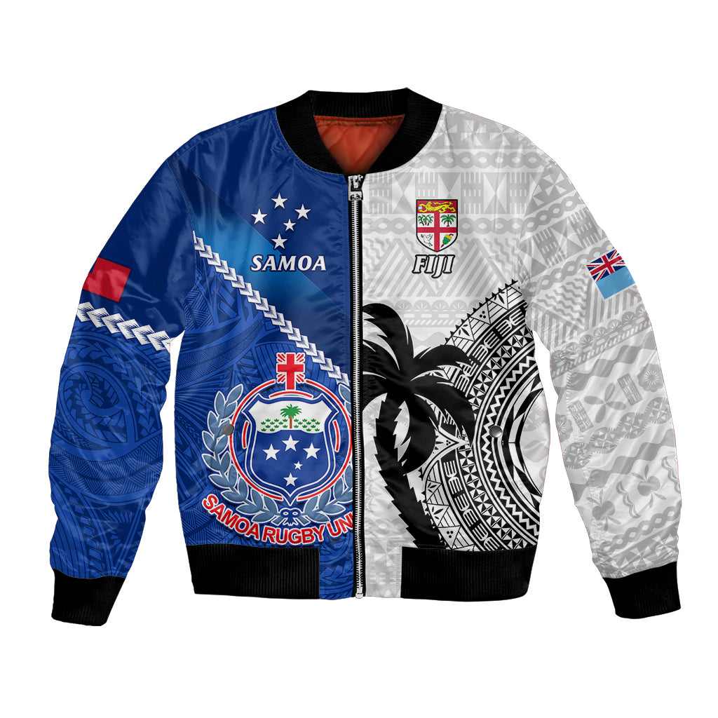 Custom Fiji And Samoa Rugby Bomber Jacket 2023 World Cup Samoan Mix Tapa Pattern LT14 Unisex Blue - Polynesian Pride