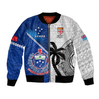 Custom Fiji And Samoa Rugby Bomber Jacket 2023 World Cup Samoan Mix Tapa Pattern LT14 Unisex Blue - Polynesian Pride