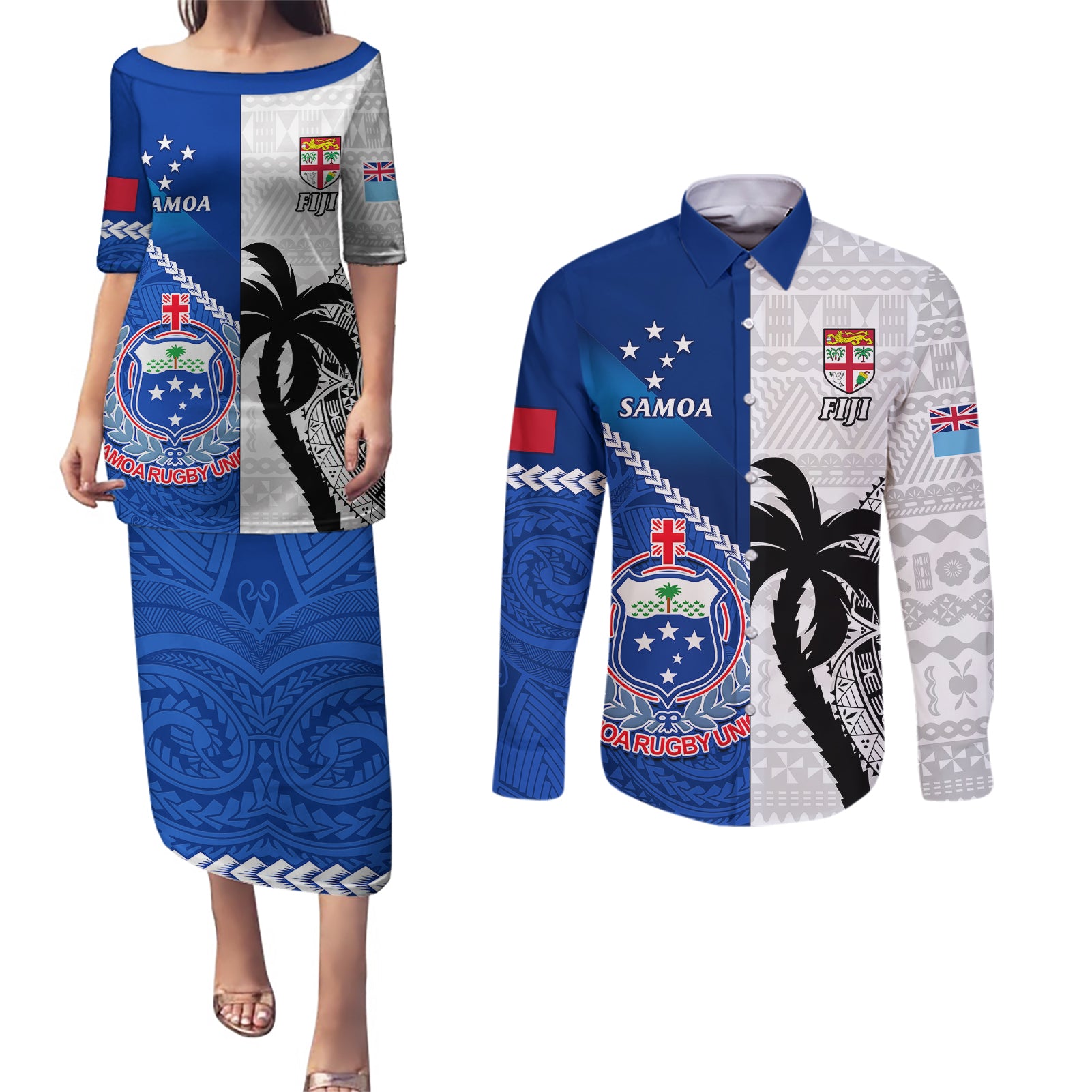 custom-fiji-and-samoa-rugby-couples-matching-puletasi-dress-and-long-sleeve-button-shirts-2023-world-cup-samoan-mix-tapa-pattern