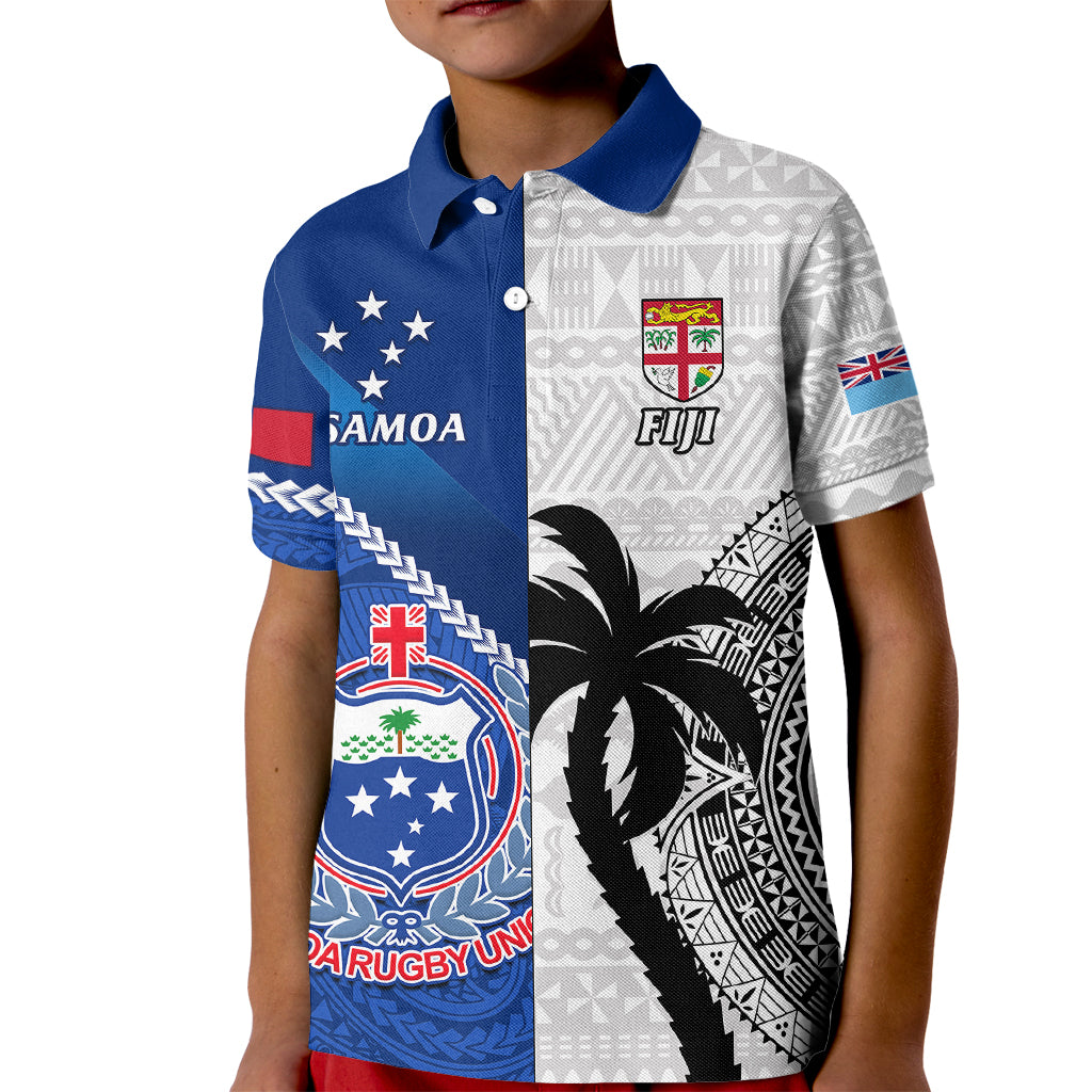 Custom Fiji And Samoa Rugby Kid Polo Shirt 2023 World Cup Samoan Mix Tapa Pattern LT14 Kid Blue - Polynesian Pride