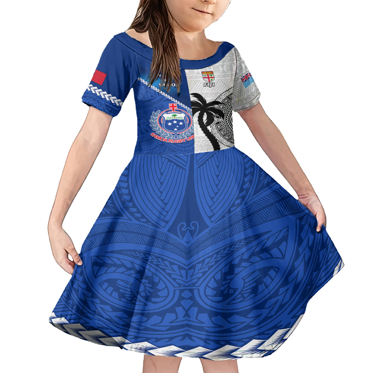Custom Fiji And Samoa Rugby Kid Short Sleeve Dress 2023 World Cup Samoan Mix Tapa Pattern LT14 KID Blue - Polynesian Pride