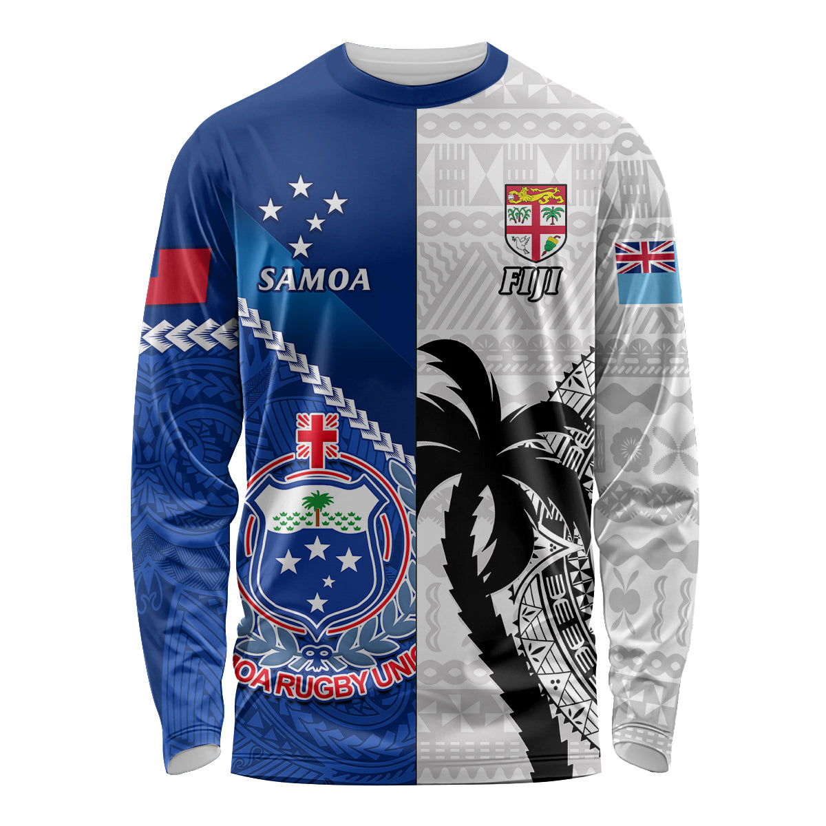Custom Fiji And Samoa Rugby Long Sleeve Shirt 2023 World Cup Samoan Mix Tapa Pattern LT14 Unisex Blue - Polynesian Pride