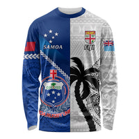 Custom Fiji And Samoa Rugby Long Sleeve Shirt 2023 World Cup Samoan Mix Tapa Pattern LT14 Unisex Blue - Polynesian Pride