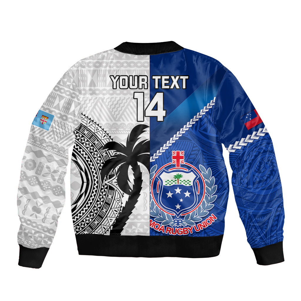 Custom Fiji And Samoa Rugby Sleeve Zip Bomber Jacket 2023 World Cup Samoan Mix Tapa Pattern LT14 - Polynesian Pride