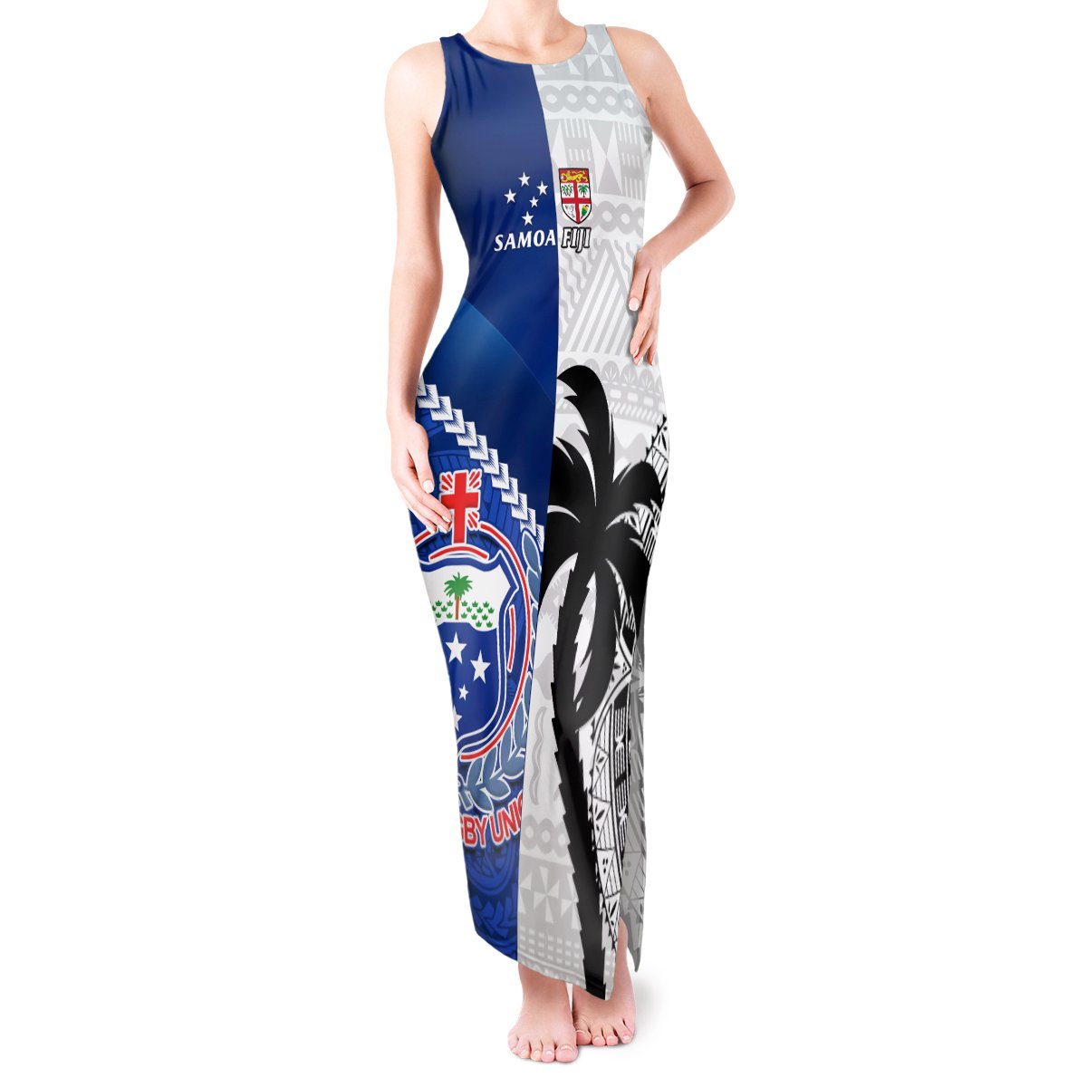 Custom Fiji And Samoa Rugby Tank Maxi Dress 2023 World Cup Samoan Mix Tapa Pattern LT14 Women Blue - Polynesian Pride
