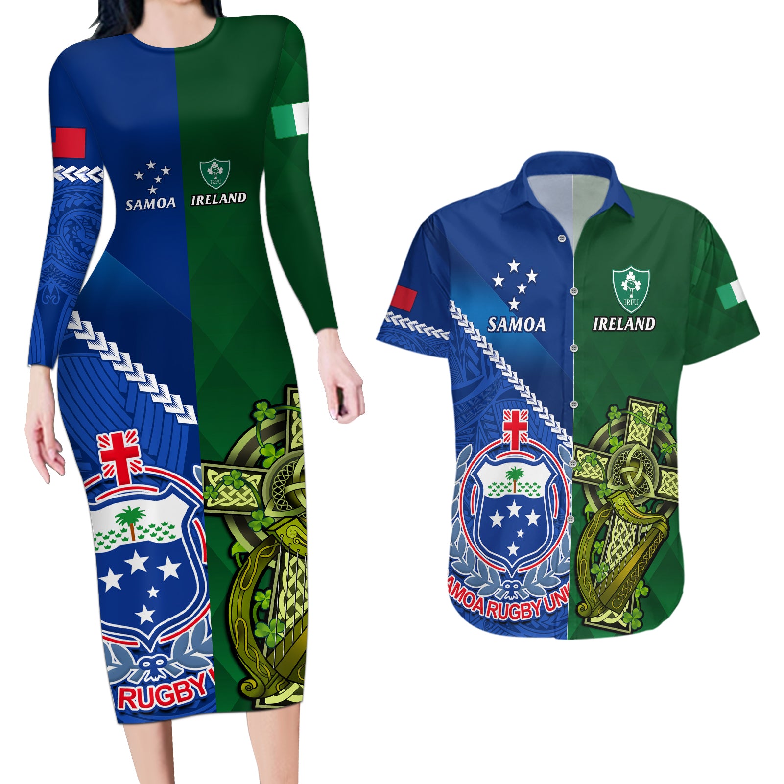 samoa-and-ireland-rugby-couples-matching-long-sleeve-bodycon-dress-and-hawaiian-shirt-2023-world-cup-manu-samoa-with-shamrocks