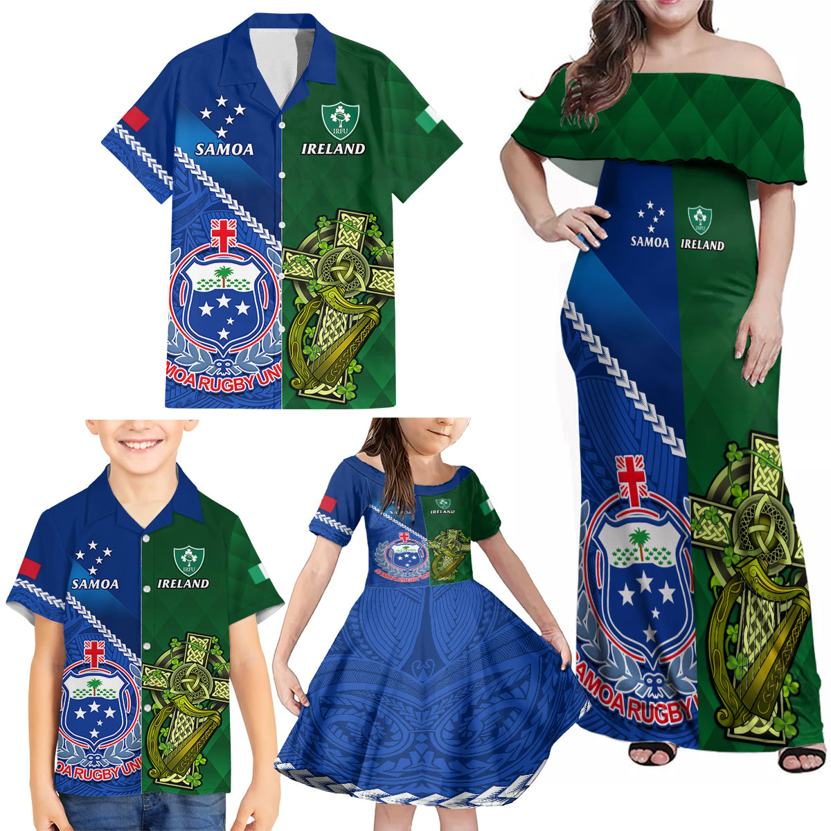 samoa-and-ireland-rugby-family-matching-off-shoulder-maxi-dress-and-hawaiian-shirt-2023-world-cup-manu-samoa-with-shamrocks