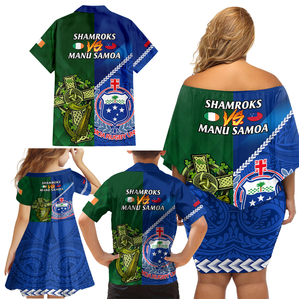 samoa-and-ireland-rugby-family-matching-off-shoulder-short-dress-and-hawaiian-shirt-2023-world-cup-manu-samoa-with-shamrocks
