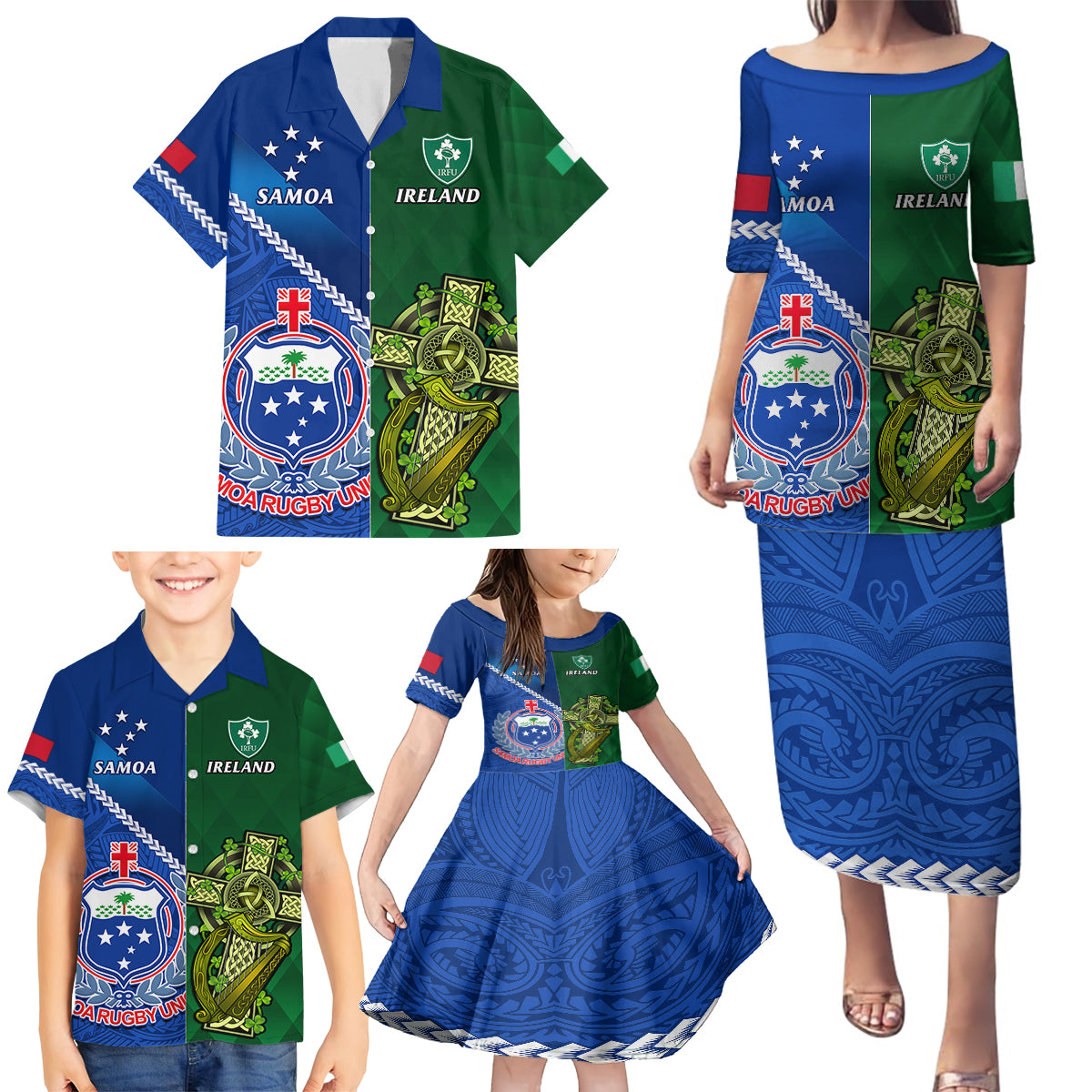 Samoa And Ireland Rugby Family Matching Puletasi Dress and Hawaiian Shirt 2023 World Cup Manu Samoa With Shamrocks LT14 - Polynesian Pride