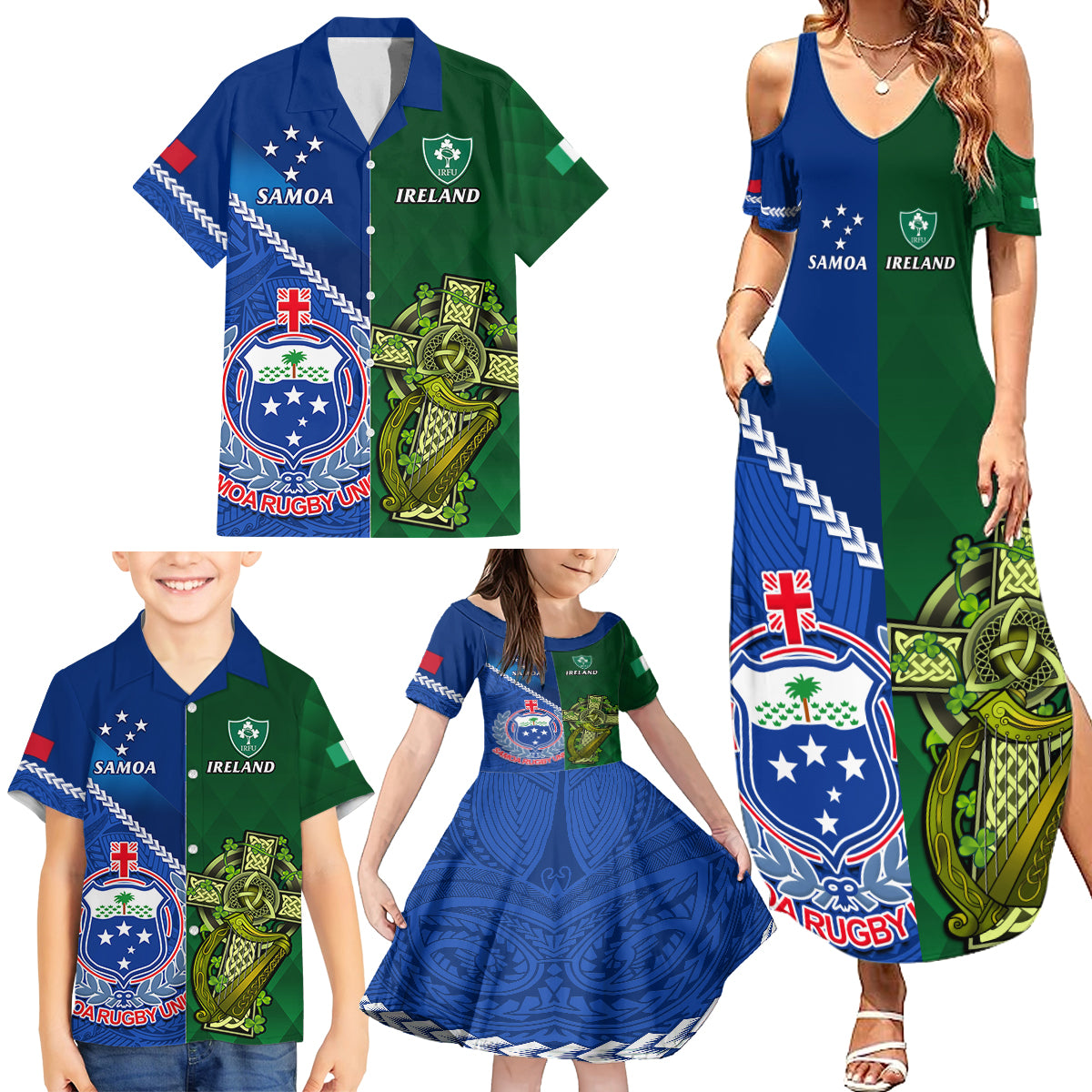 samoa-and-ireland-rugby-family-matching-summer-maxi-dress-and-hawaiian-shirt-2023-world-cup-manu-samoa-with-shamrocks