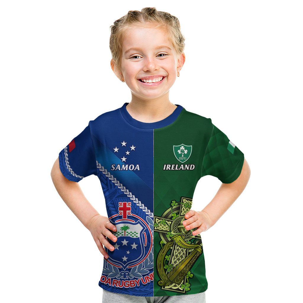 Samoa And Ireland Rugby Kid T Shirt 2023 World Cup Manu Samoa With Shamrocks LT14 Blue - Polynesian Pride