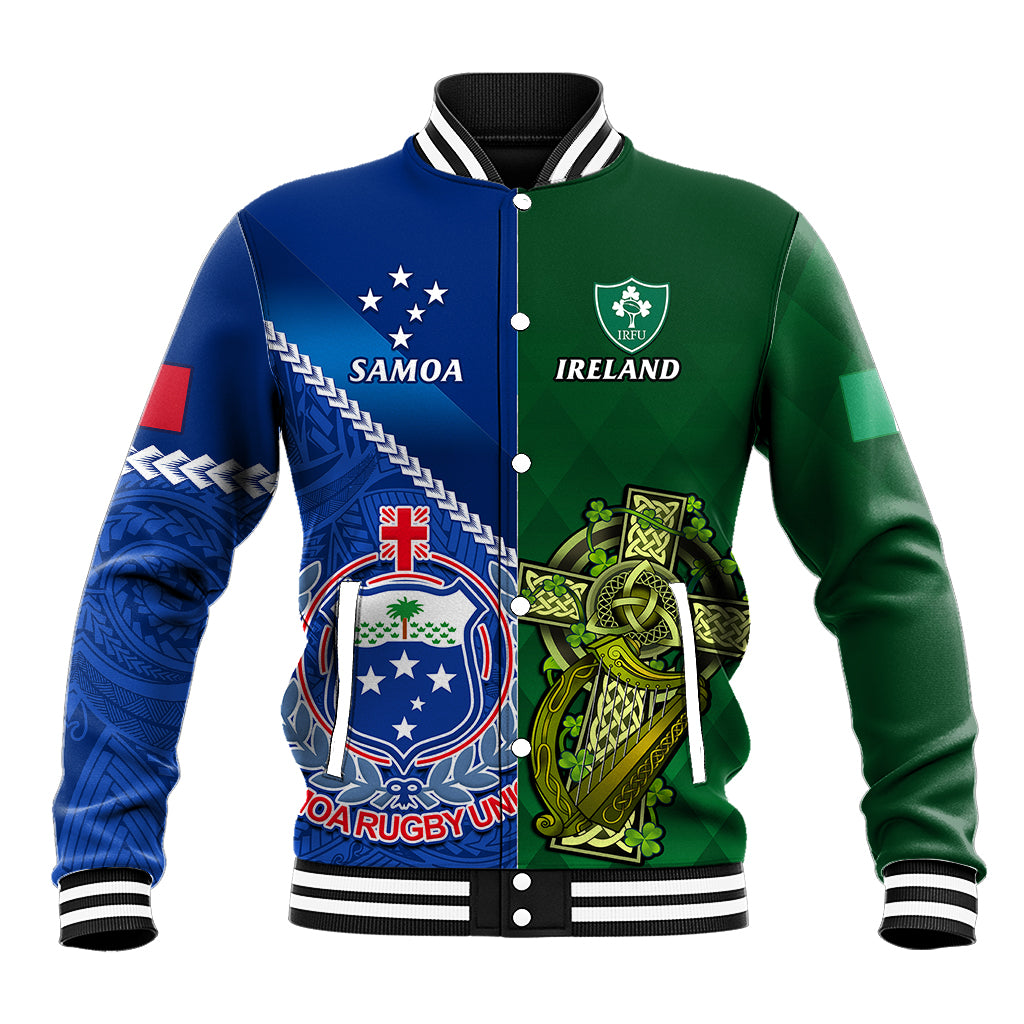 Custom Samoa And Ireland Rugby Baseball Jacket 2023 World Cup Manu Samoa With Shamrocks LT14 Unisex Blue - Polynesian Pride