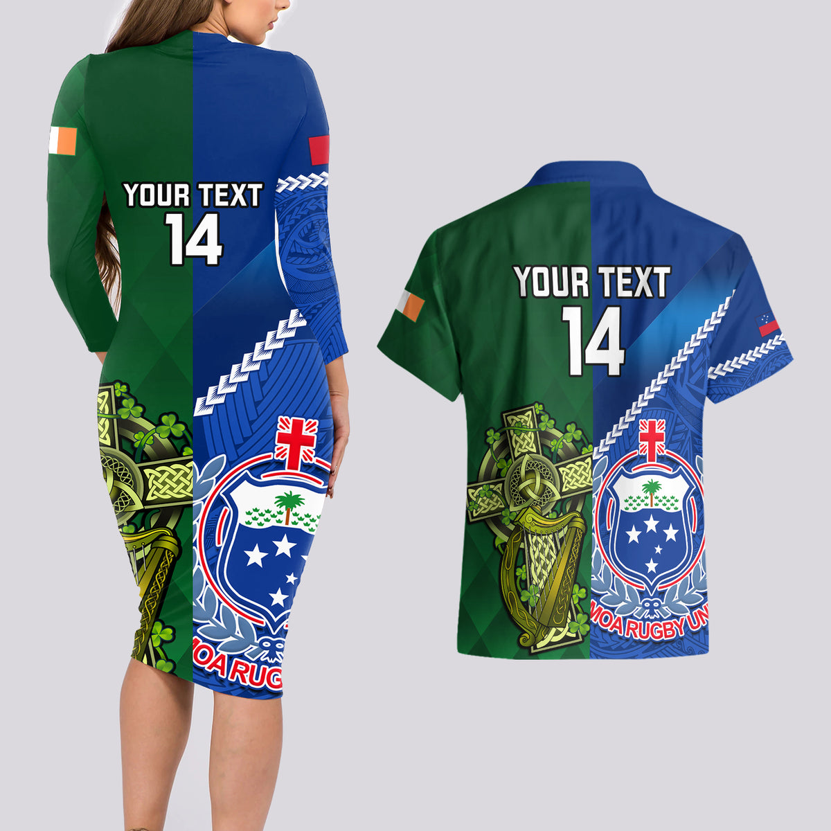 Custom Samoa And Ireland Rugby Couples Matching Long Sleeve Bodycon Dress and Hawaiian Shirt 2023 World Cup Manu Samoa With Shamrocks LT14 - Polynesian Pride