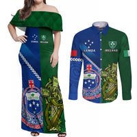 Custom Samoa And Ireland Rugby Couples Matching Off Shoulder Maxi Dress and Long Sleeve Button Shirts 2023 World Cup Manu Samoa With Shamrocks LT14 Blue - Polynesian Pride