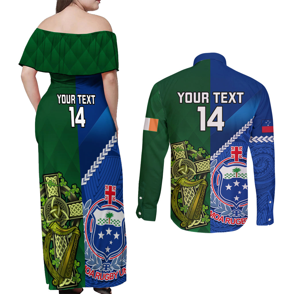 Custom Samoa And Ireland Rugby Couples Matching Off Shoulder Maxi Dress and Long Sleeve Button Shirts 2023 World Cup Manu Samoa With Shamrocks LT14 - Polynesian Pride