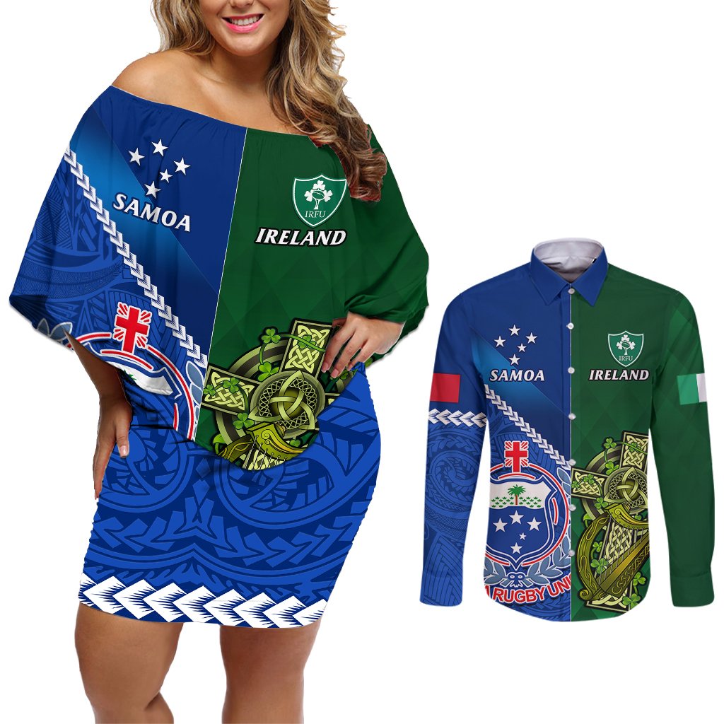 Custom Samoa And Ireland Rugby Couples Matching Off Shoulder Short Dress and Long Sleeve Button Shirts 2023 World Cup Manu Samoa With Shamrocks LT14 Blue - Polynesian Pride