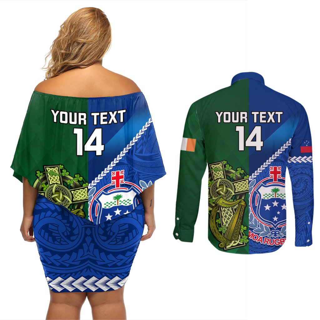 Custom Samoa And Ireland Rugby Couples Matching Off Shoulder Short Dress and Long Sleeve Button Shirts 2023 World Cup Manu Samoa With Shamrocks LT14 - Polynesian Pride