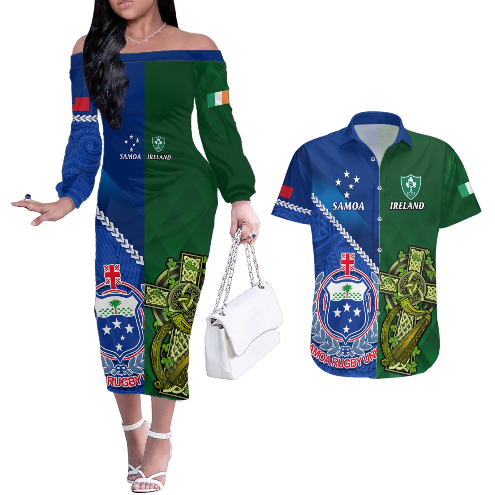 Custom Samoa And Ireland Rugby Couples Matching Off The Shoulder Long Sleeve Dress and Hawaiian Shirt 2023 World Cup Manu Samoa With Shamrocks LT14 Blue - Polynesian Pride