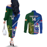 Custom Samoa And Ireland Rugby Couples Matching Off The Shoulder Long Sleeve Dress and Long Sleeve Button Shirts 2023 World Cup Manu Samoa With Shamrocks LT14 - Polynesian Pride