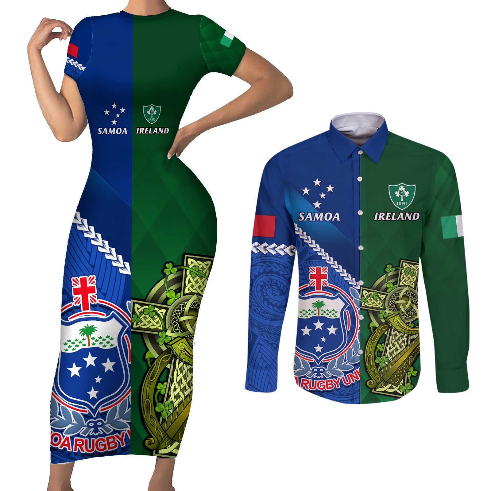 Custom Samoa And Ireland Rugby Couples Matching Short Sleeve Bodycon Dress and Long Sleeve Button Shirts 2023 World Cup Manu Samoa With Shamrocks LT14 Blue - Polynesian Pride