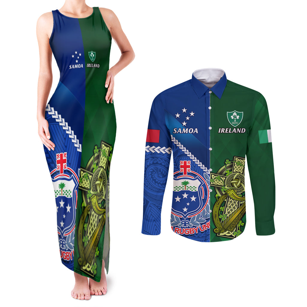 Custom Samoa And Ireland Rugby Couples Matching Tank Maxi Dress and Long Sleeve Button Shirts 2023 World Cup Manu Samoa With Shamrocks LT14 Blue - Polynesian Pride