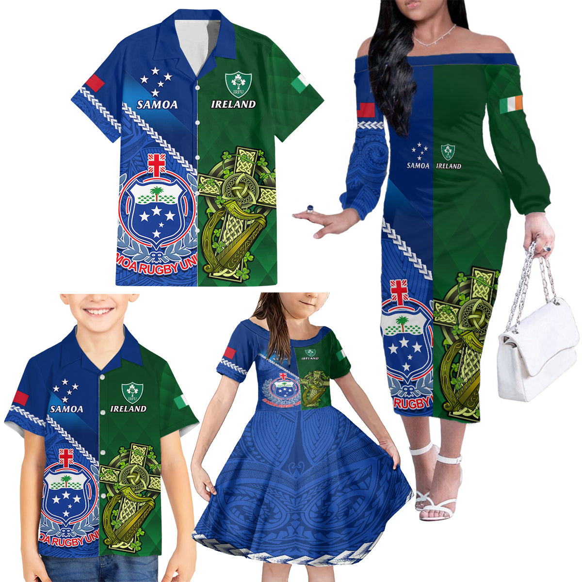 custom-samoa-and-ireland-rugby-family-matching-off-shoulder-long-sleeve-dress-and-hawaiian-shirt-2023-world-cup-manu-samoa-with-shamrocks