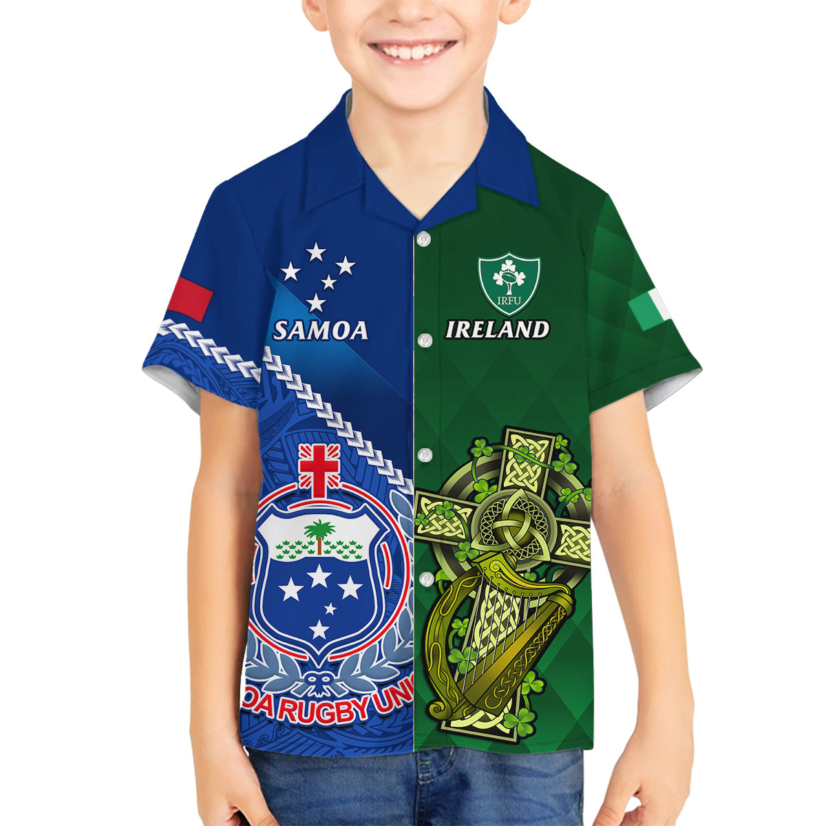 custom-samoa-and-ireland-rugby-family-matching-off-shoulder-maxi-dress-and-hawaiian-shirt-2023-world-cup-manu-samoa-with-shamrocks