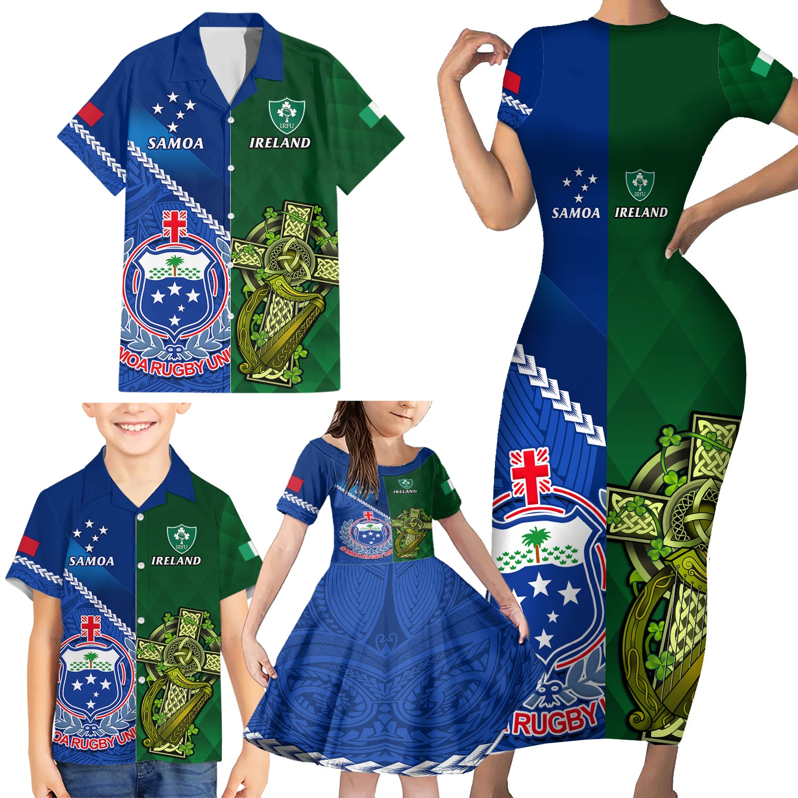 custom-samoa-and-ireland-rugby-family-matching-short-sleeve-bodycon-dress-and-hawaiian-shirt-2023-world-cup-manu-samoa-with-shamrocks