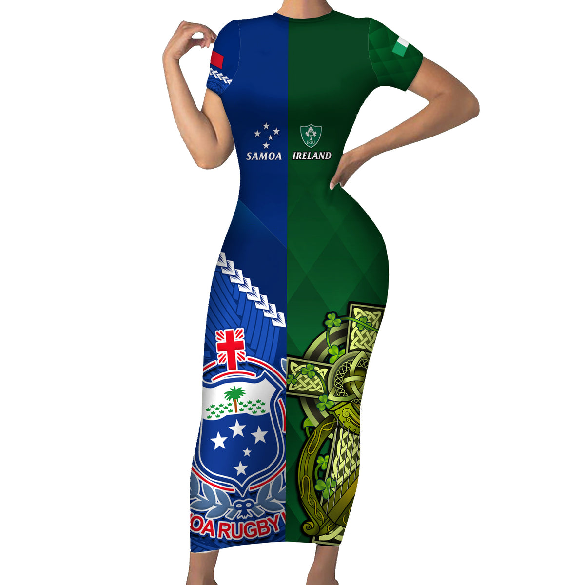 custom-samoa-and-ireland-rugby-family-matching-short-sleeve-bodycon-dress-and-hawaiian-shirt-2023-world-cup-manu-samoa-with-shamrocks