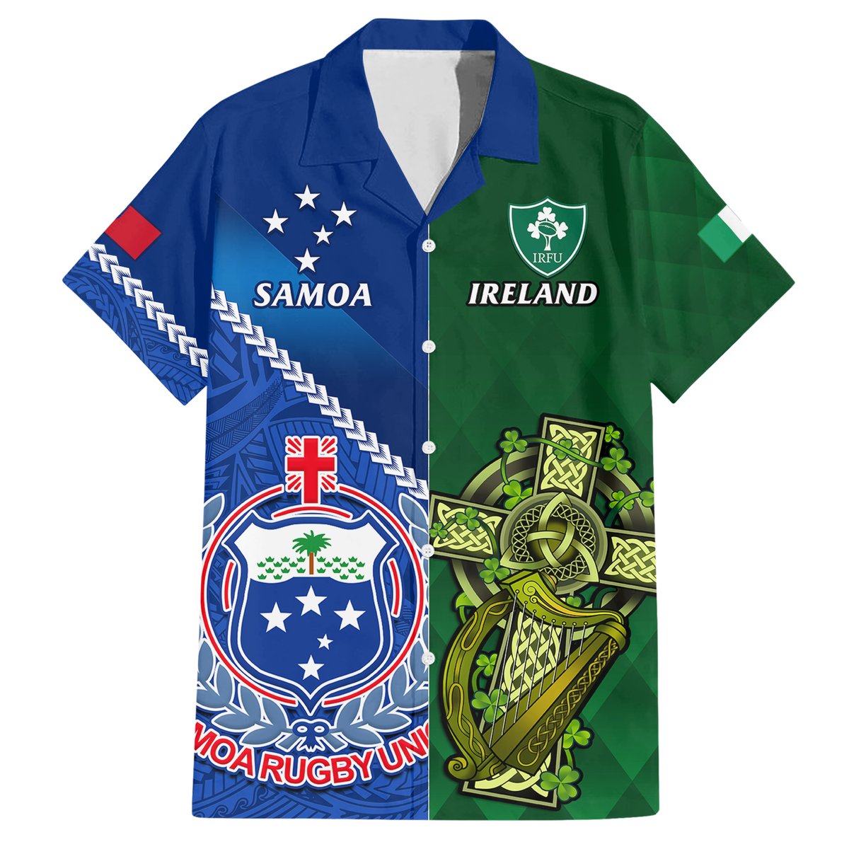 Custom Samoa And Ireland Rugby Hawaiian Shirt 2023 World Cup Manu Samoa With Shamrocks LT14 Blue - Polynesian Pride