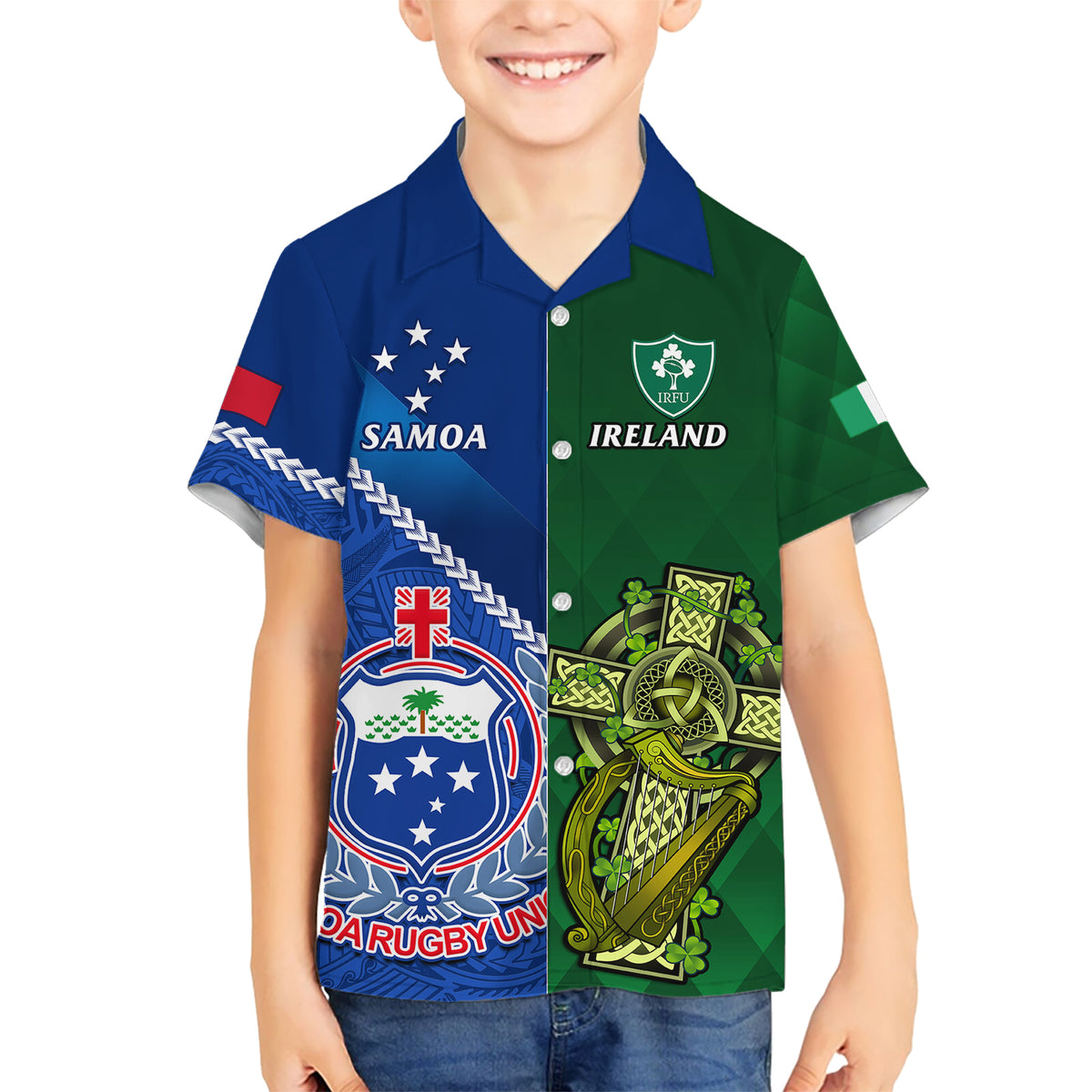 Custom Samoa And Ireland Rugby Kid Hawaiian Shirt 2023 World Cup Manu Samoa With Shamrocks LT14 Kid Blue - Polynesian Pride
